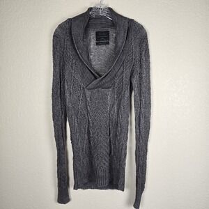 AllSaints Grey Linen Cable Knit Pullover Sweater Small Funnel Neck Distressed